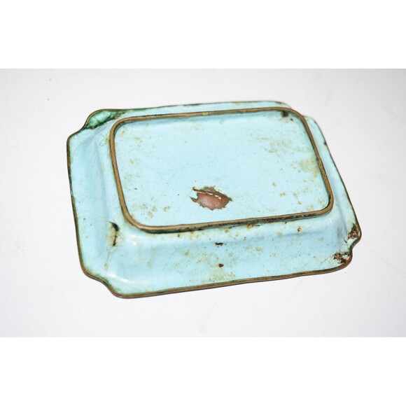 Vtg Chinese Enamel  Dish Flaws 4" Hand painted blue floral crazing rectangle - Picture 5 of 7